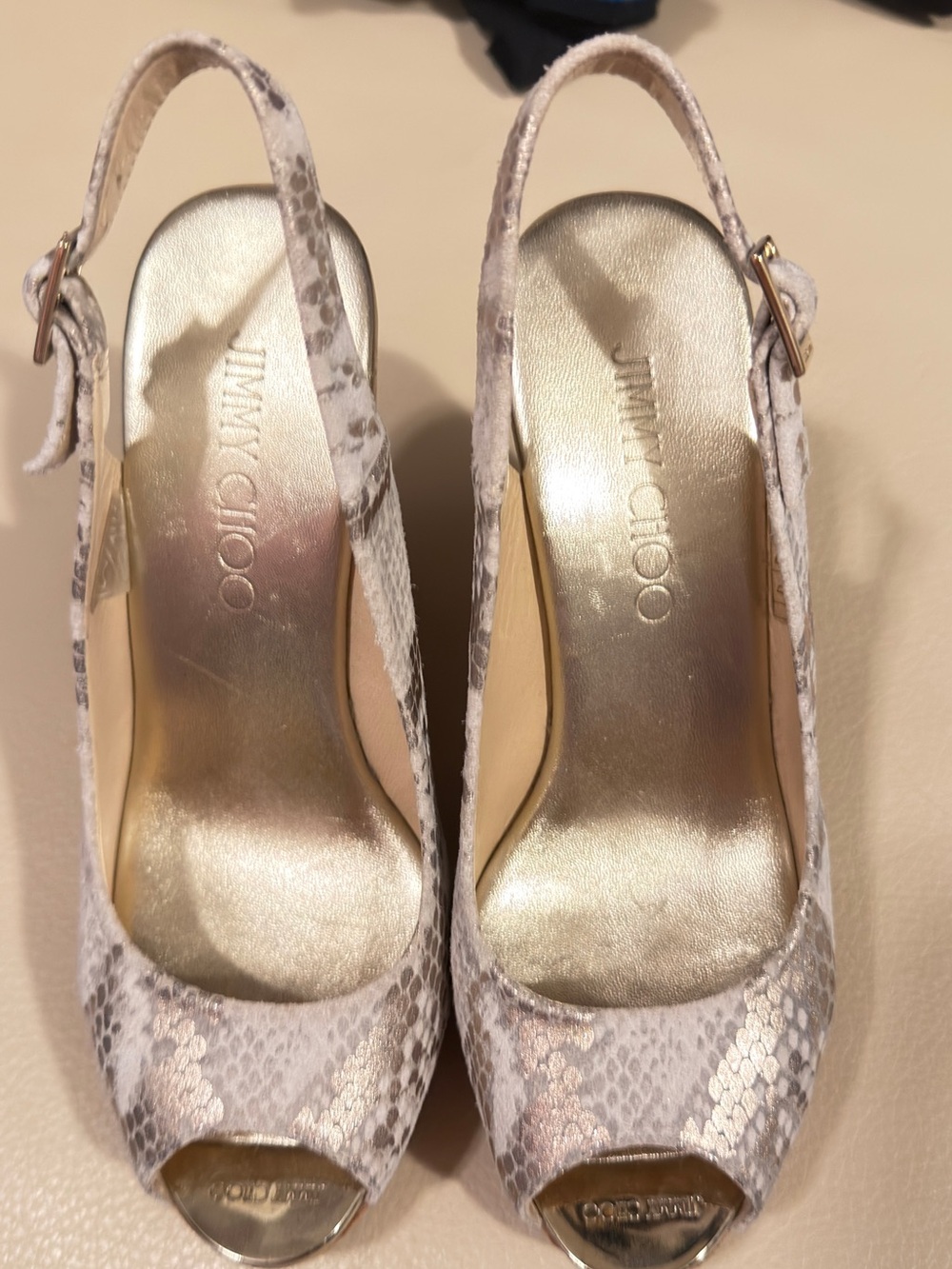 Jimmy Choo Metallic Gold Snake-Print Slingback Peep-Toe Heels